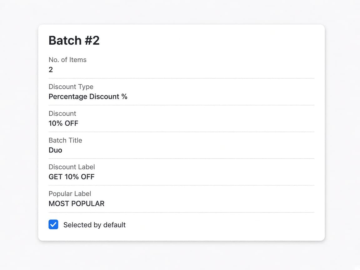 Batch #2 form with 2 items, a 10% percentage discount, title Duo, discount label GET 10% OFF, popular label MOST POPULAR, and Selected by default checked.