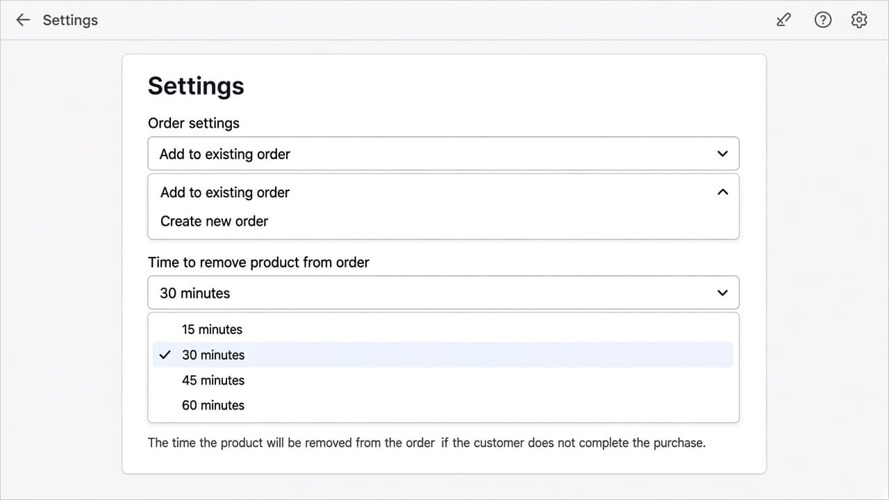 Offer editor Settings card with Time to remove product from order listing 15, 30, 45, and 60 minutes, 30 minutes selected.