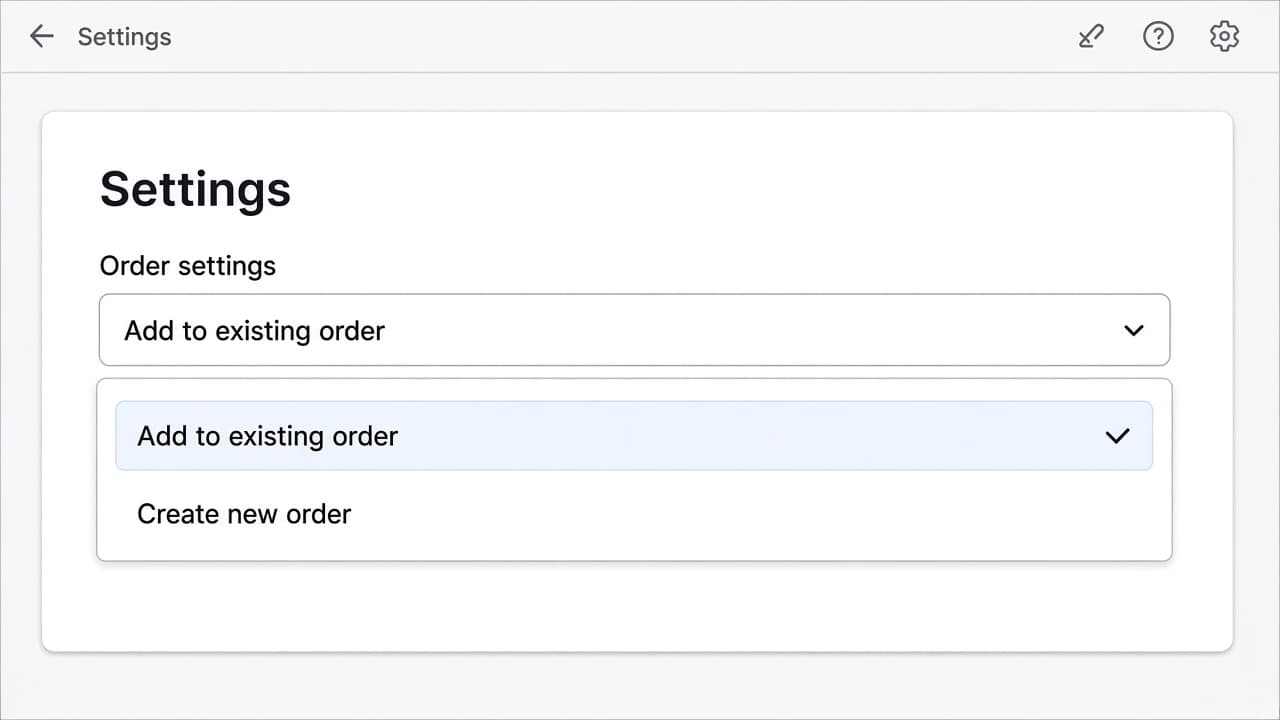 Offer editor Settings card with Order settings set to Add to existing order, and Create new order as the other option.