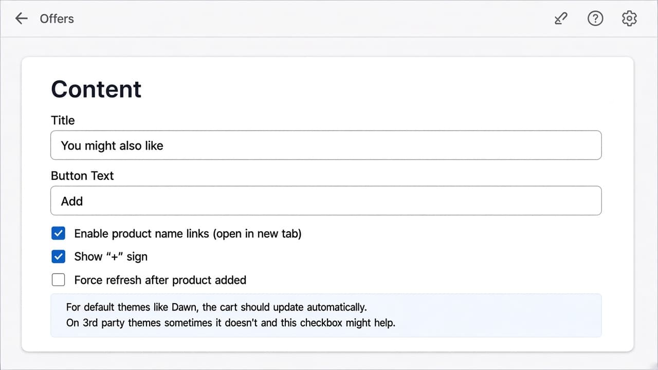 Offer editor Content card with Enable product name links (open in new tab) checked.