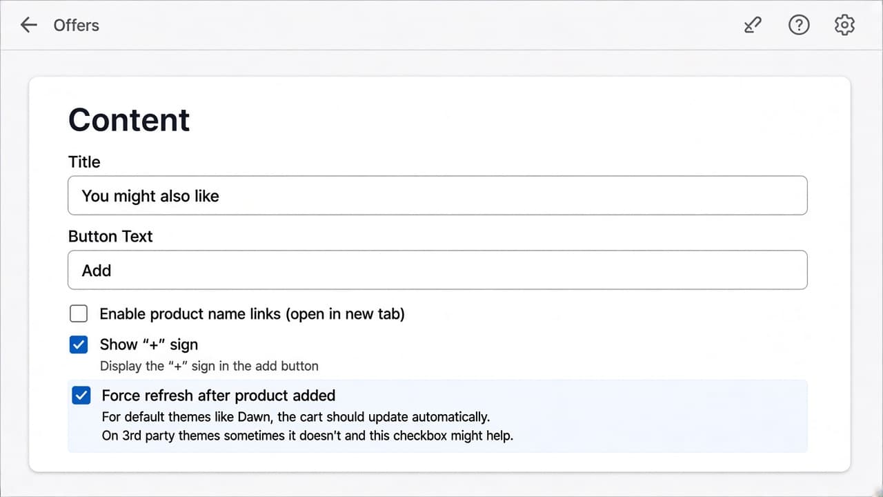 Offer editor Content card with Force refresh after product added checked.