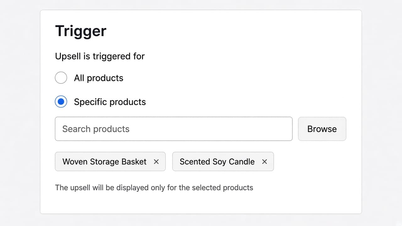 Offer editor Trigger card with Specific products selected and two cart products chosen. No collections option.