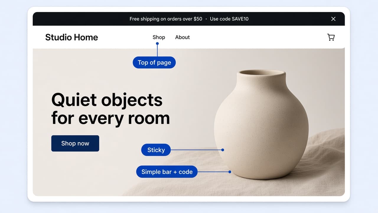 Storefront homepage with a top announcement bar showing a shipping message and SAVE10, with callouts for Top of page, Simple bar plus code, and Sticky.