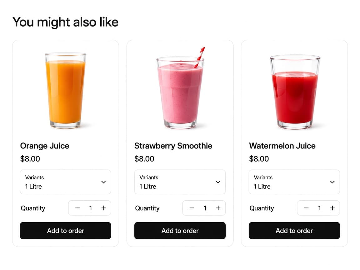 You might also like gallery with three juice products, variant pickers, quantity steppers, and Add to order buttons.