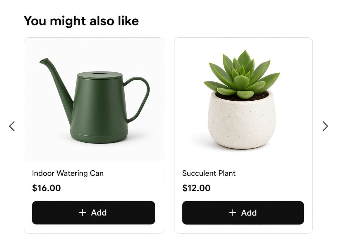 You might also like carousel on the cart page, with watering can and succulent cards and Add buttons.