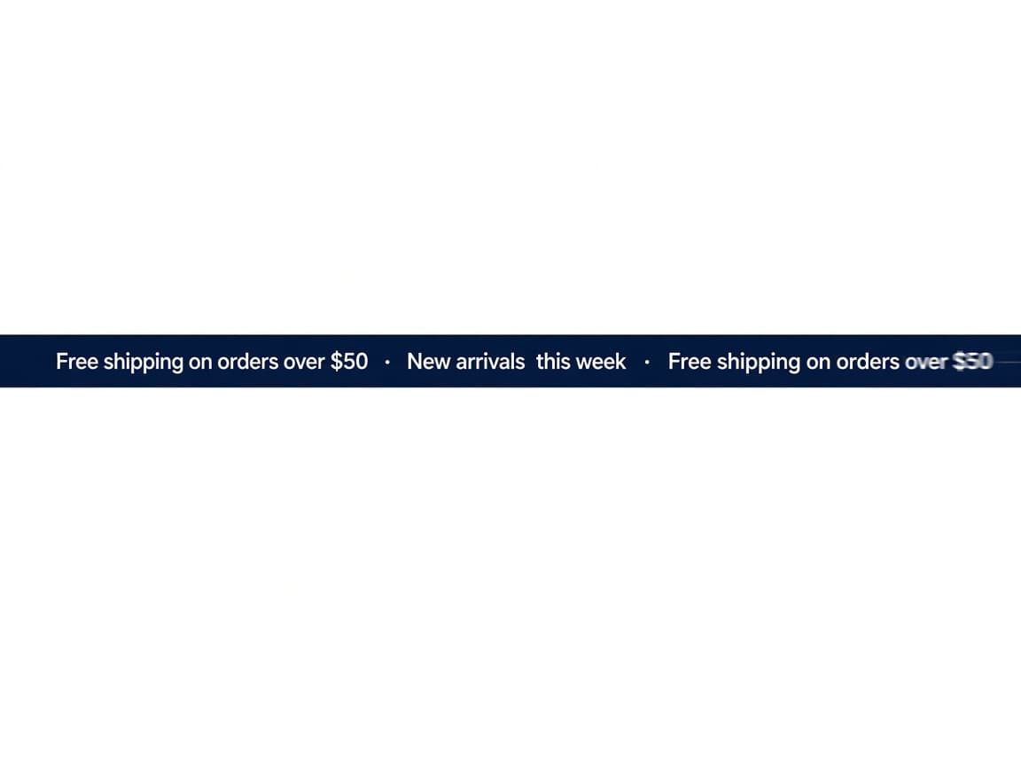 Running line announcement bar with Free shipping and New arrivals text scrolling across a navy strip.