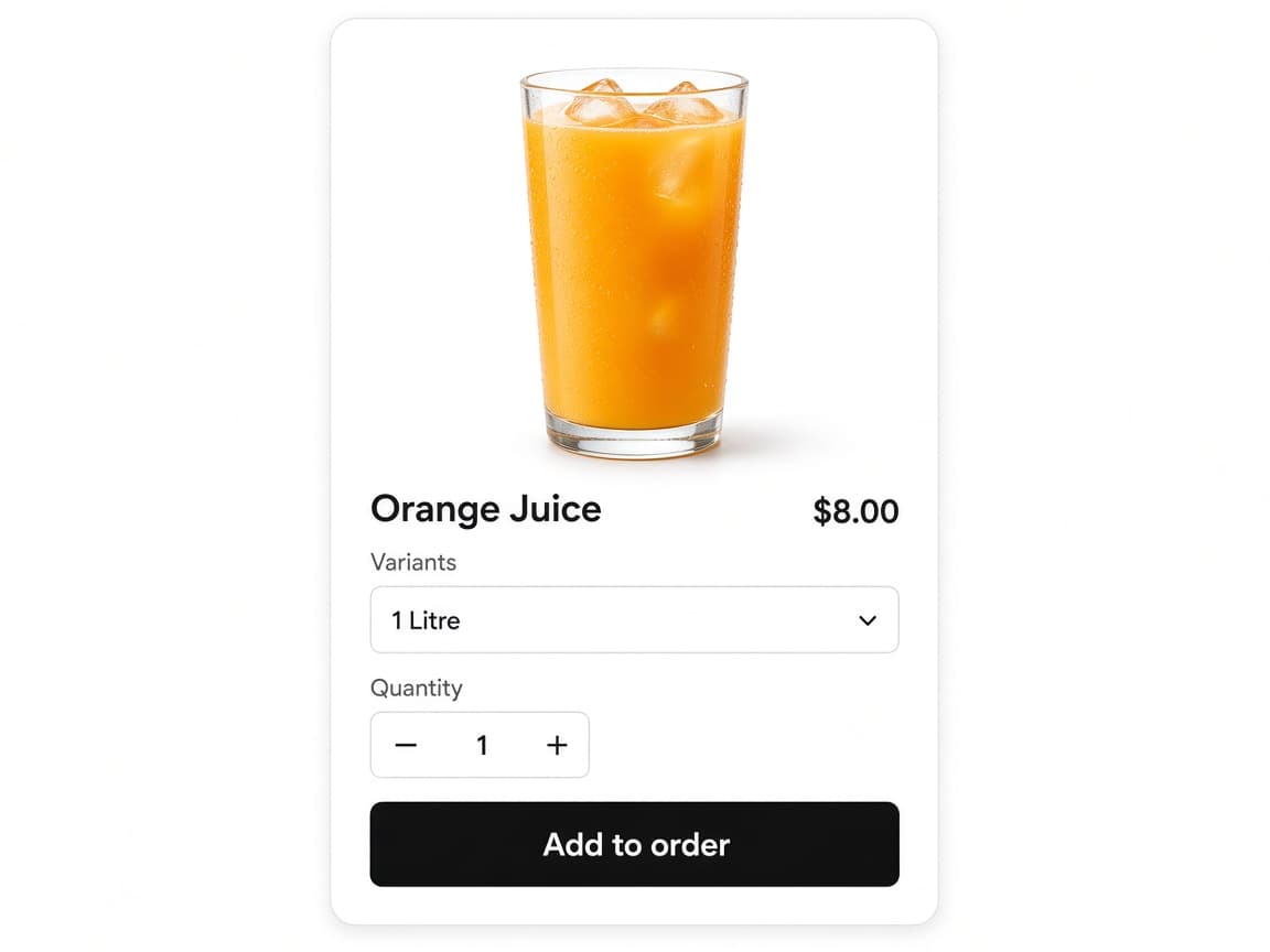 One recommendation card with a Variants dropdown, a Quantity stepper, and an Add to order button.