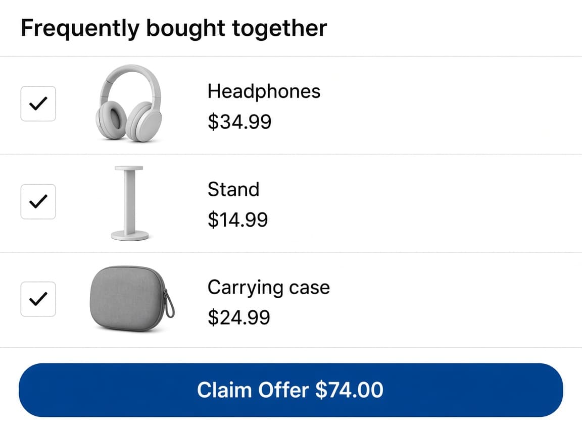 Frequently bought together widget with three checked products and a Claim Offer button.