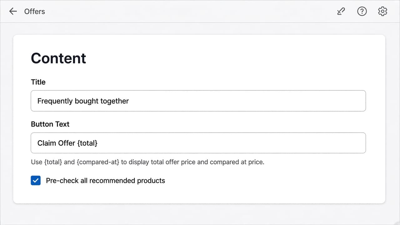 Offer editor Content card with Button Text set to Claim Offer {total} and helper text for the {total} and {compared-at} tokens.