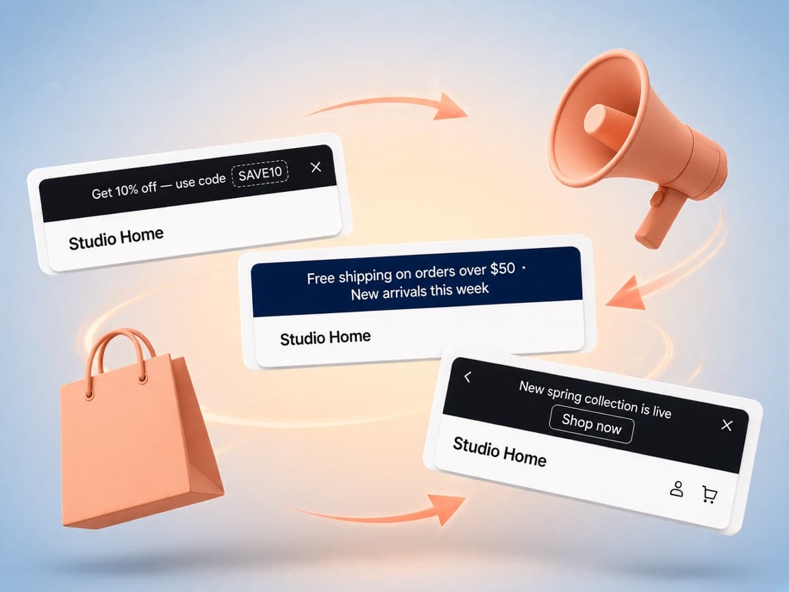 Simple, running line, and rotating Announcement Bar types on a light graphic background with megaphone and shopping bag.
